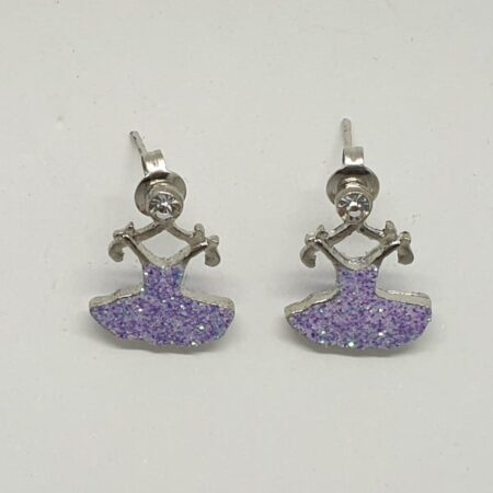 Pendientes con forma de vestido en colores surtidos y brillantes ya que va impreso con purpurina de strass de colores llamativos.