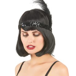 Cinta charlestón para el pelo elástica con pluma y piedrecita negra con la que podrás terminar de darle el toque coqueto que necesita tu disfraz