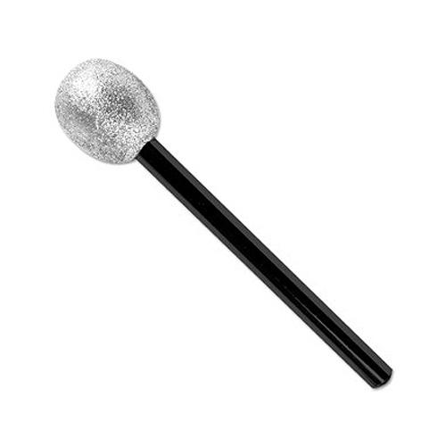 Micrófono juguete para utilizar en cualquier ocasión , tanto para disfraz como para jugar con bola brillante plateada y mango de 28cm