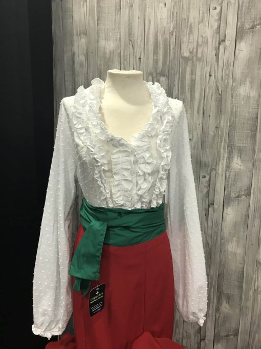 Falda rociera roja con seis volantes para encargar en la talla que desees, confeccionada en tejido streck con un movimiento espectacular