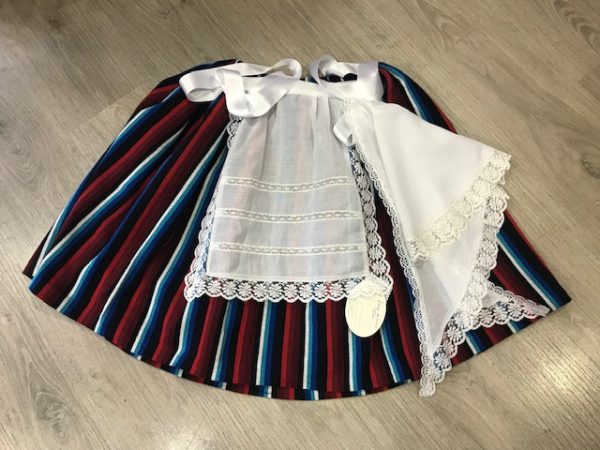 Refajo listas para niña en tonos rojos,azules,blancos y negros con el que podrás combinar cualquier color de delantal de huertana