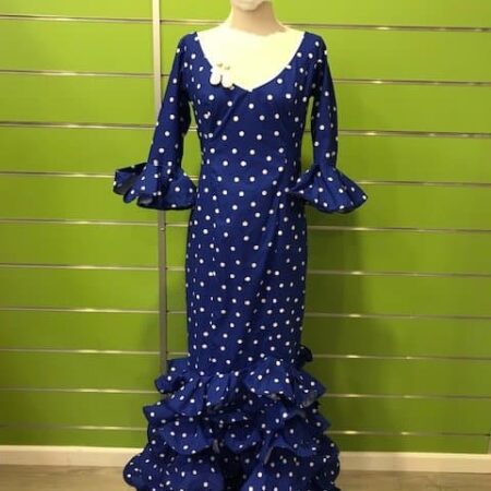 Traje de gitana lunares azulón de la talla 44 con seis volantes y manga al codo