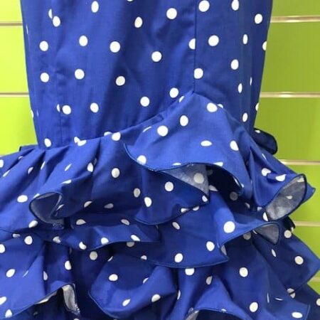 Traje de gitana lunares azulón de la talla 44 con seis volantes y manga al codo