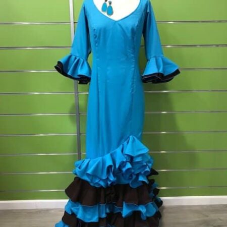 Traje de flamenca turquesa talla 46 con volantes combinados en marrón chocolate