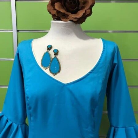 Traje de flamenca turquesa talla 46 con volantes combinados en marrón chocolate