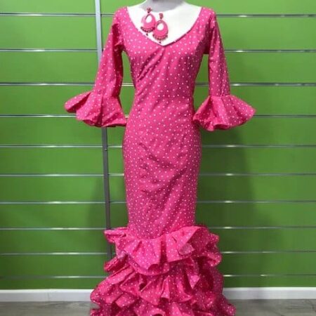Traje de gitana lunares de la talla 42 fucsia con lunar tamaño lenteja blanco