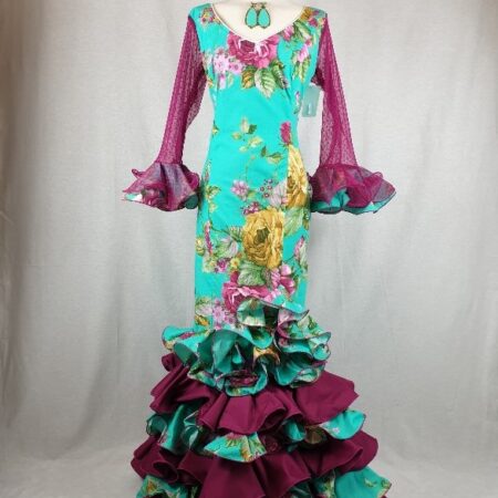 Traje de flamenca agua marina talla 46 con mangas en plumeti color buganvilla