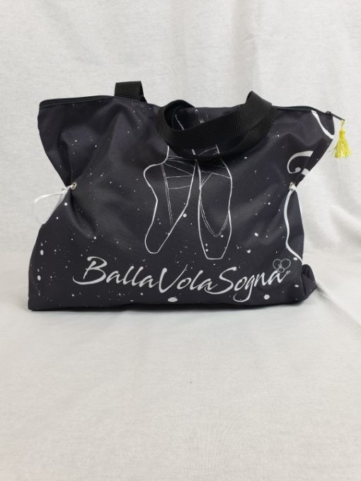 Bolsa de ballet negra de tela con bonitos motivos de zapatillas de ballet