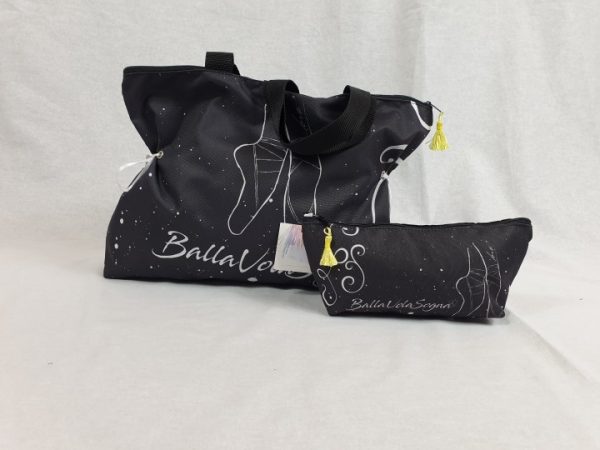 Bolsa de ballet negra de tela con bonitos motivos de zapatillas de ballet