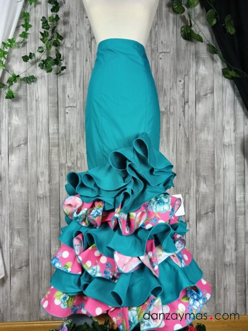 Falda rociera verde con fucsia