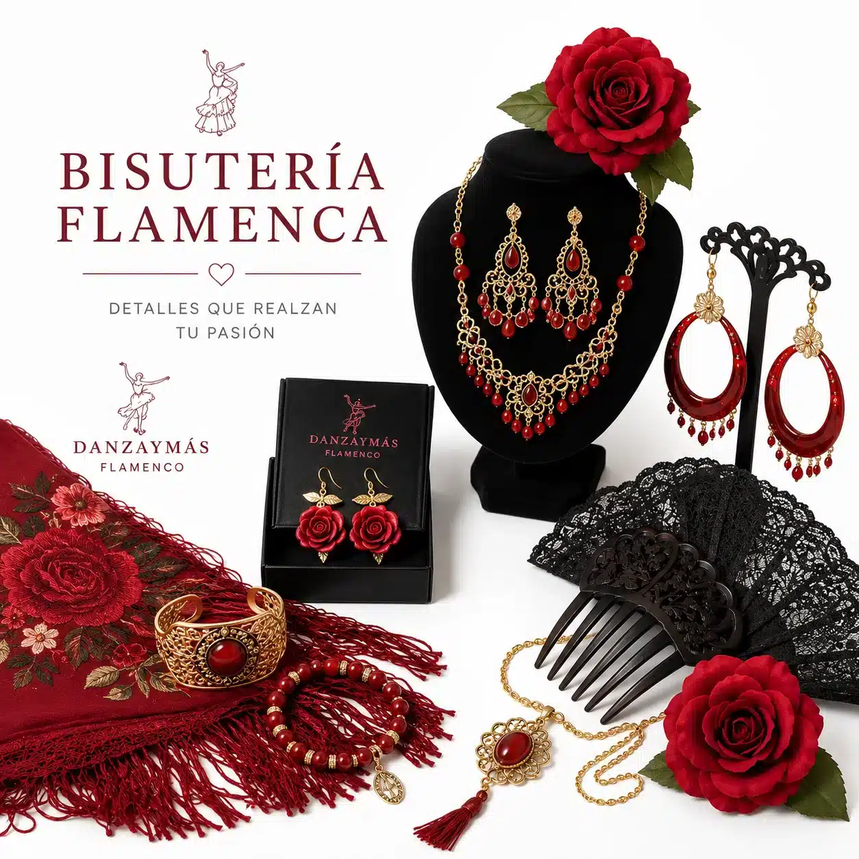 Bisutería flamenca con pendientes, collares y accesorios tradicionales