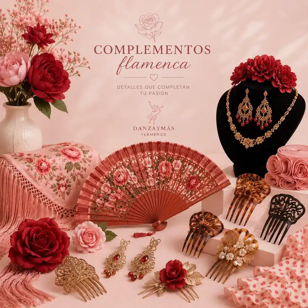 Complementos de flamenca con flores, peinetas, abanico y pendientes