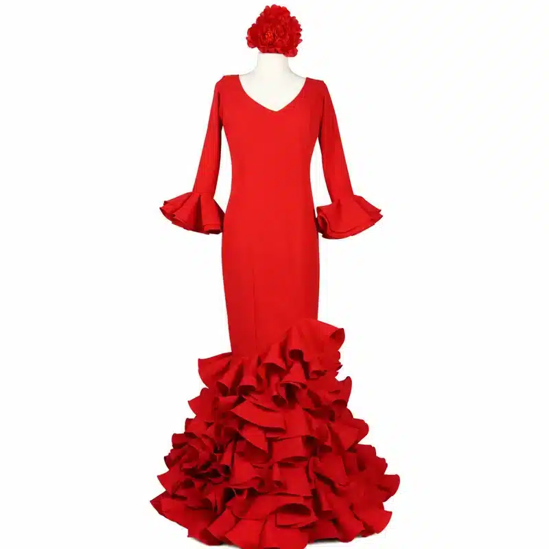 Traje de flamenca rojo con volantes y mangas acampanadas