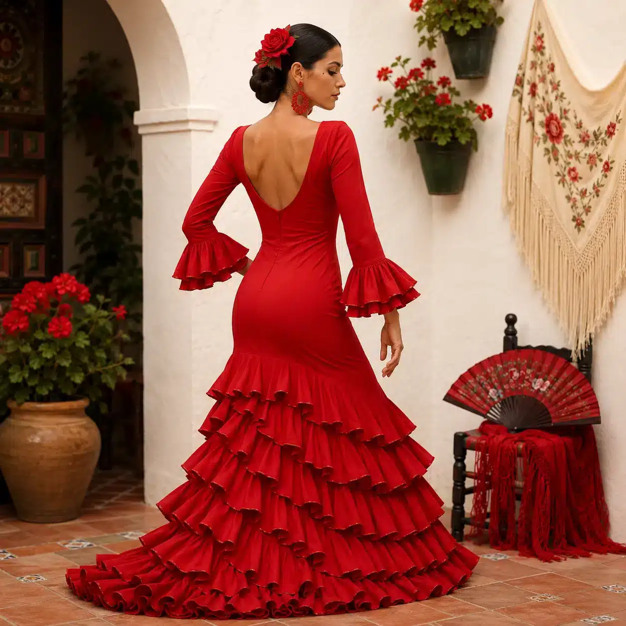 Traje de flamenca rojo para feria y romería