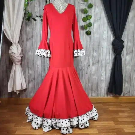 Traje de flamenca rojo elástico con volantes de lunares para mujer