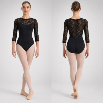 Maillot ballet mujer Só Dança SL109 negro con mangas 7/8 de encaje