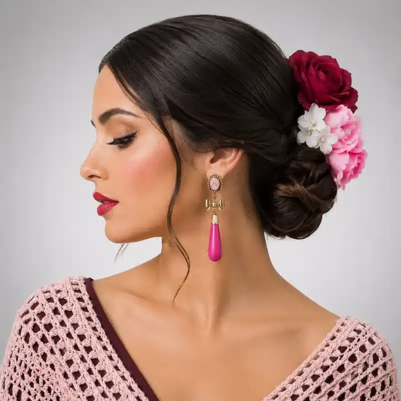 Modelo luciendo pendientes de flamenca largos con traje de flamenca y flores en el moño.