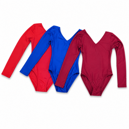 Maillot ballet licra brillante de manga larga en rojo azul y granate