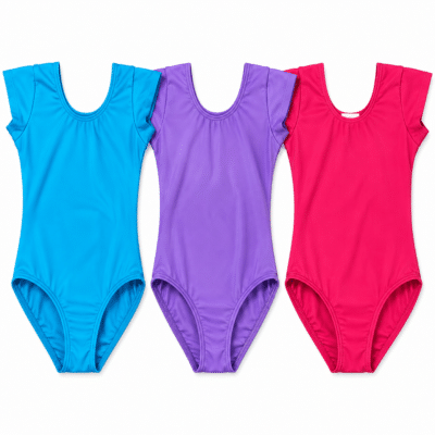 Maillot ballet brillante de licra con manga corta ranglán disponible en azul, lila y fucsia