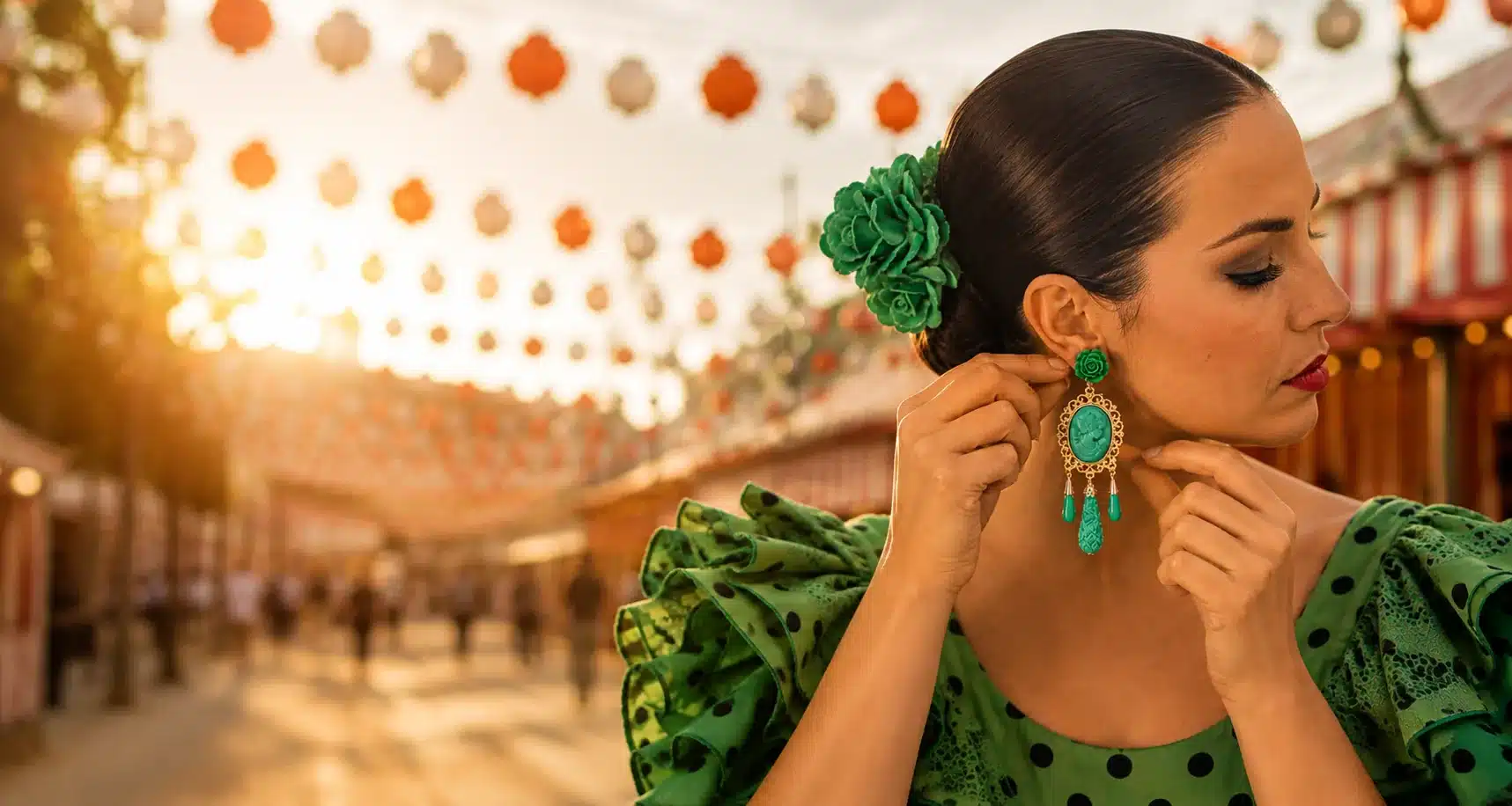 Pendiente de flamenca verde con flor a juego para la Feria de Málaga