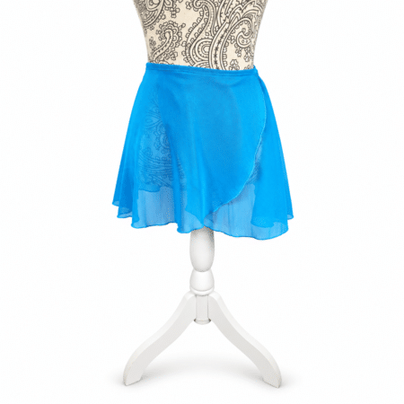 Falda de ballet cruzada azul turquesa de gasa elástica sobre maniquí