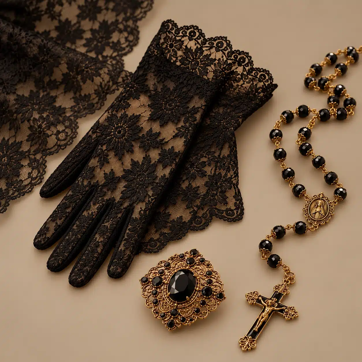 Guantes de mantilla, rosario y broche de Semana Santa